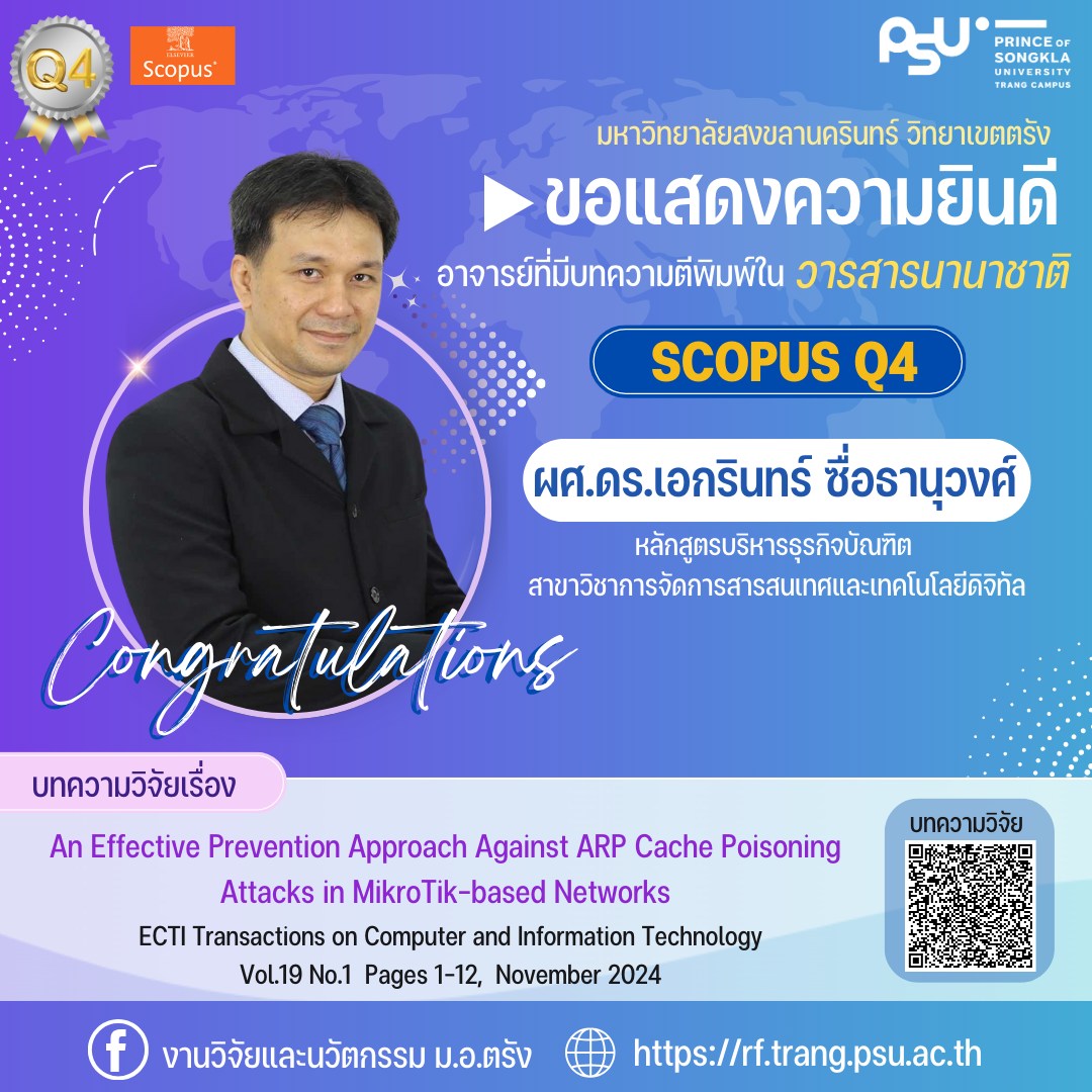 Read more about the article ขอแสดงความยินดีอาจารย์ที่ผลงานตีพิมพ์ใน Scopus Q4